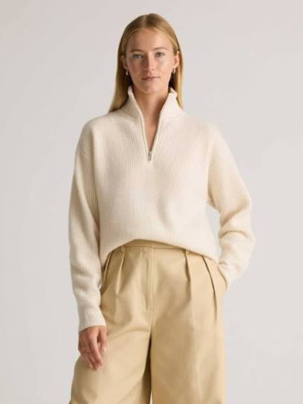 NWT Quince 100% Mongolian Cashmere Sz M Womens Cream Sweater 1/4 Zip